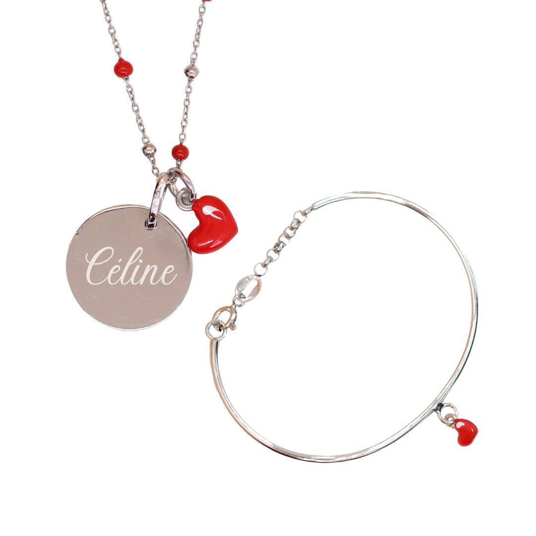 Personalized Child's Heart Necklace + Bangle Bracelet Set