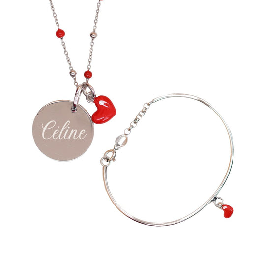 Personalized Child's Heart Necklace + Bangle Bracelet Set